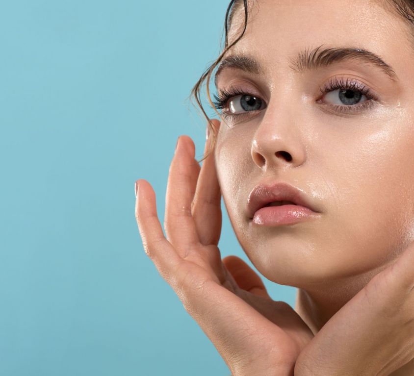 Beautiful,Young,Woman,With,Clean,Perfect,Fresh,Skin,Looks,Up.