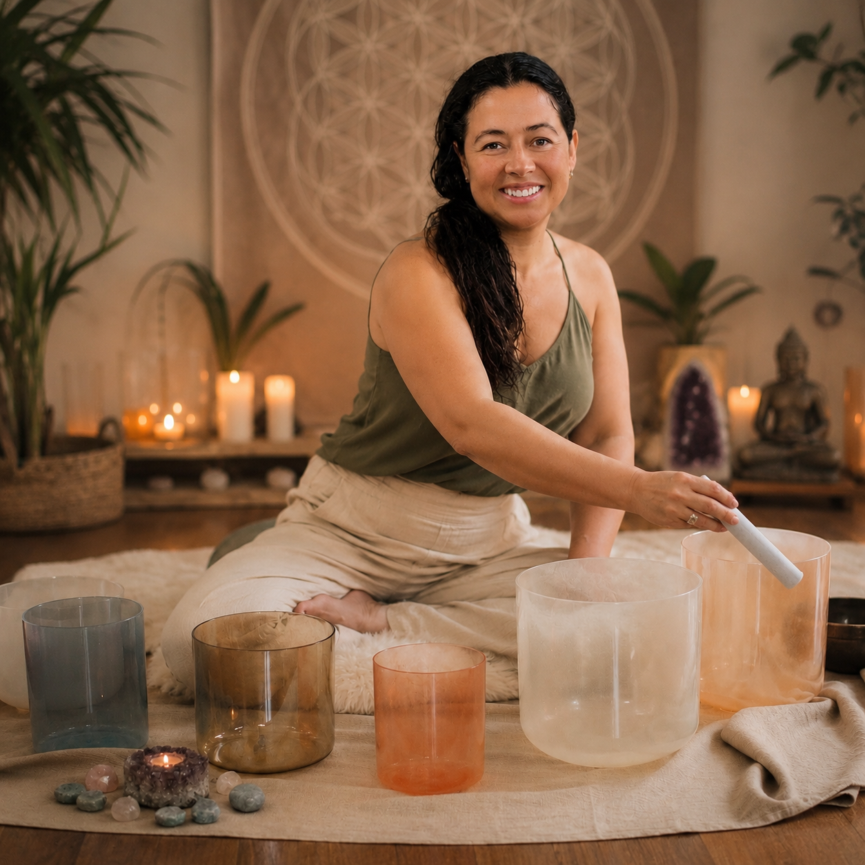 Brenda Castaño leading a crystal sound healing meditation
